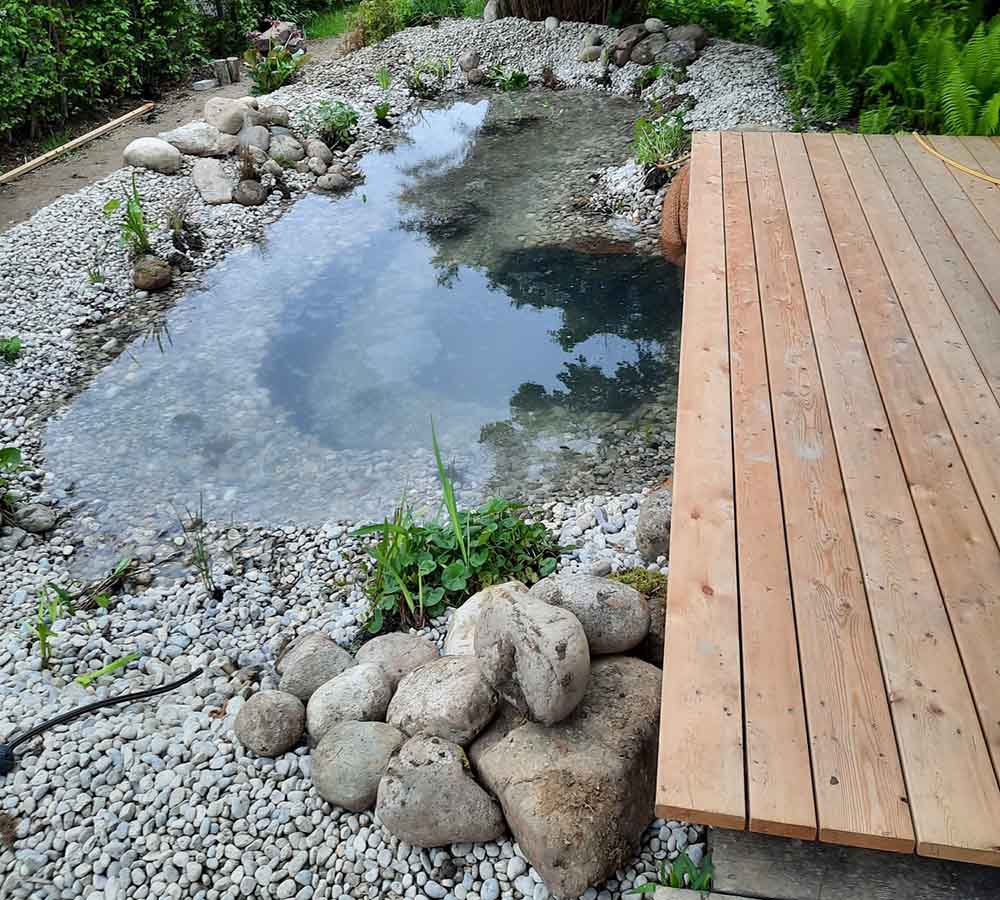 Angelegter Teich mit Holzterasse