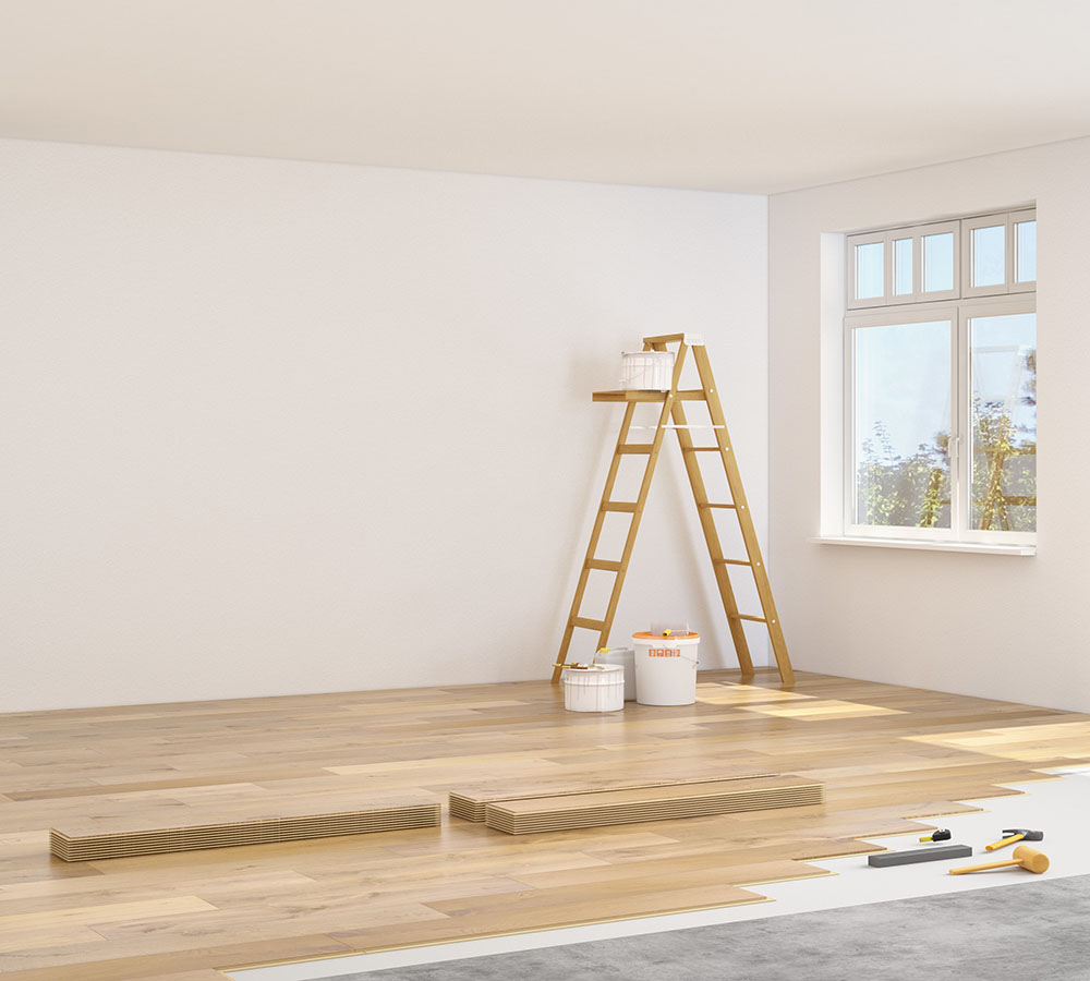 Renovierung in Wohnung, frisch verlegter Boden und Wandanstrich